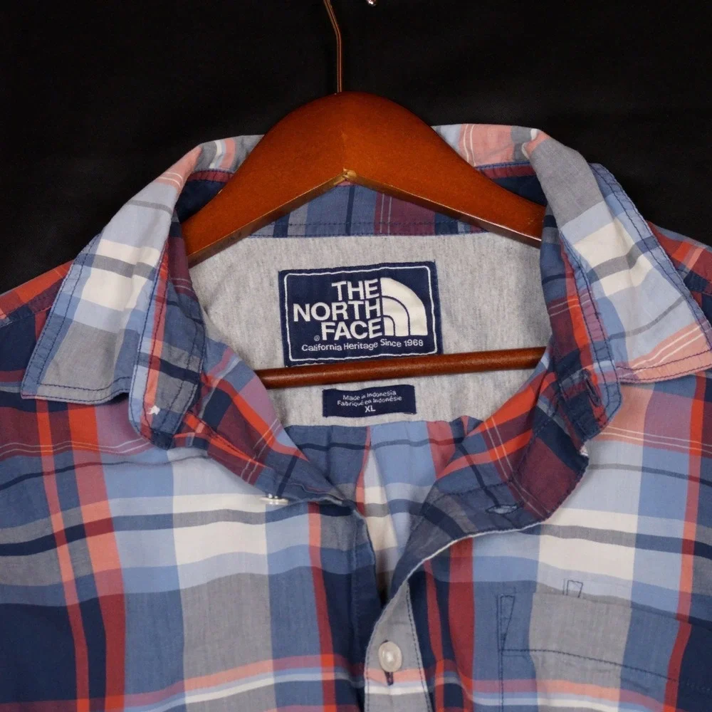 The North Face Button Down Shirt Mens XL Blue Orange Plaid Outdoor Cotton Blend